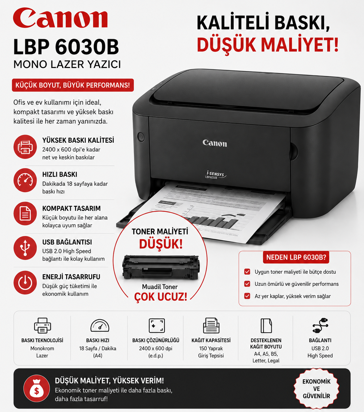 Canon i-SENSYS LBP6030 Siyah Beyaz Lazer Yazıcı - Kompakt ve Hızlı Ev / Ofis Tipi