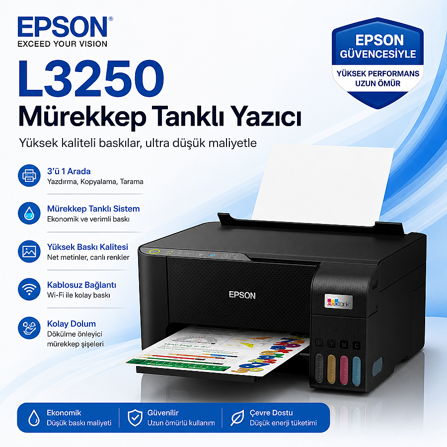 Epson L3250 Wi-Fi Yazıcı + Orijinal ve Ekstra Yedek Mürekkep Setiyle