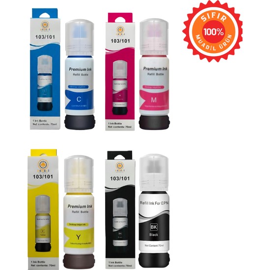 Drl Refill Ink Epson 103 / 101 Uyumlu 4 Renk Full Set Mürekkep (4 x 70ML) - Tüm Ecotank Serileri Için